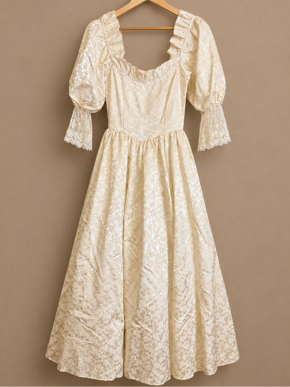 Vintage 80s Gunne Sax Romantic Renaissance Bridal Dress Ivory Brocade Size 5